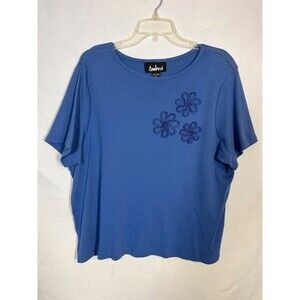 Ambra Womens Blue Cotton Short Sleeve Floral Applique Tee Plus Size 1X